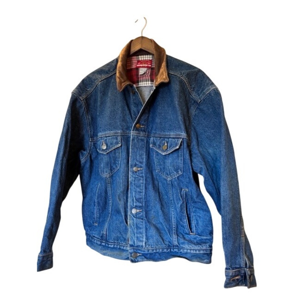 Marlboro Country Store Denim Trucker Jacket Leather Collar Flannel Lined Large